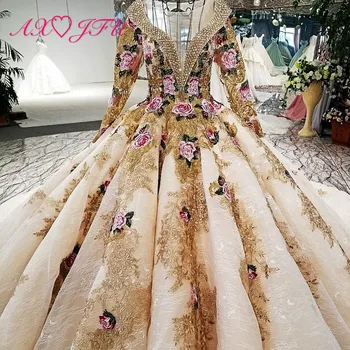 

AXJFU luxury princess beading crystal golden lace o neck bride sparkly turkey sheer long sleeve embroidery wedding dress 7410