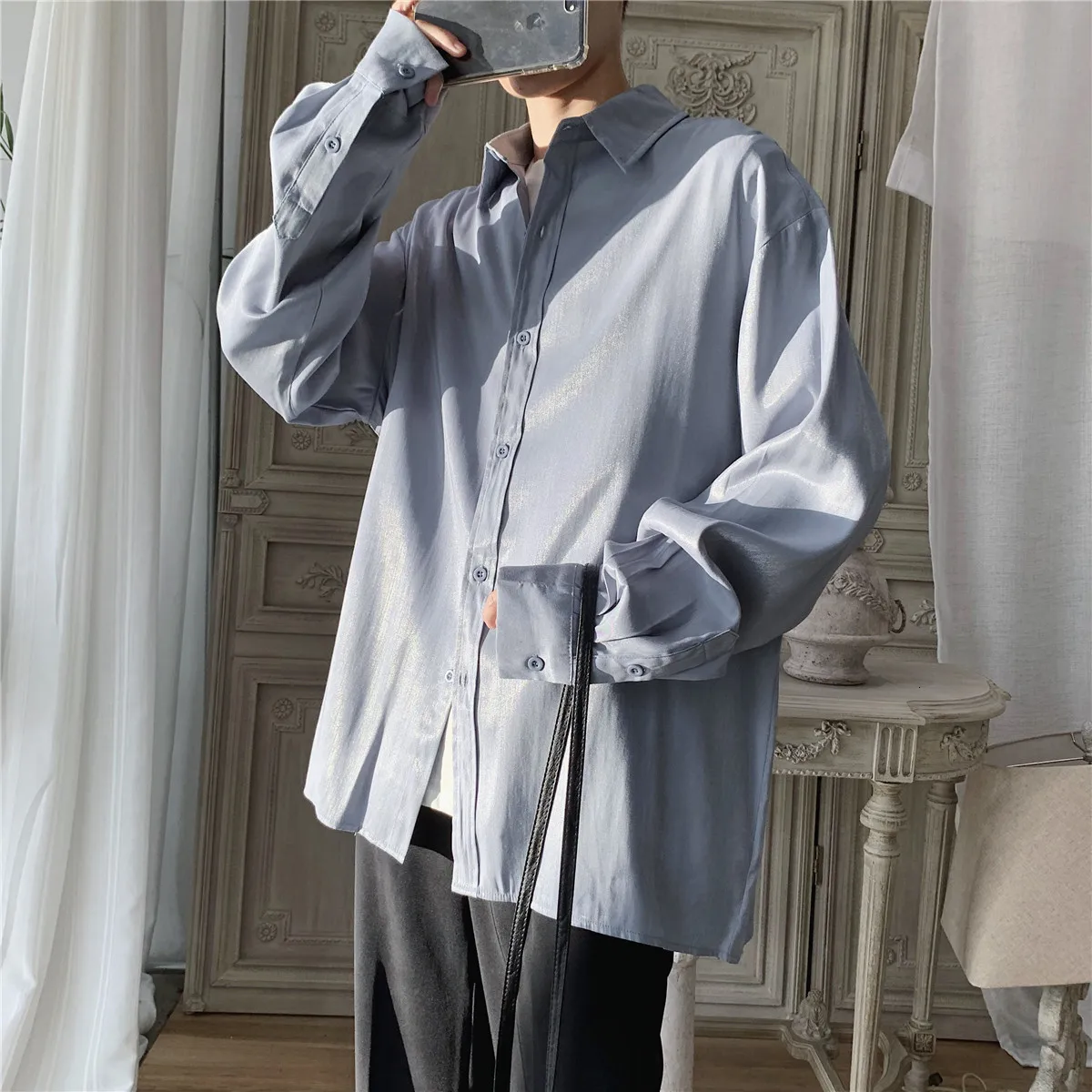 Осеннее новое платье рубашка мужская мода однотонный деловой Повседневная рубашка Мужская Уличная дикая Свободная рубашка с длинными рукавами Мужская - Цвет: gray-blue