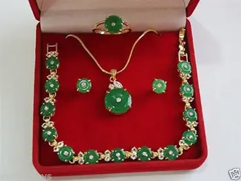 

Beautiful green jade necklace/bracelet pendant earring ring set AAA 18K GP gold plated watch Quartz stone crystal fast SHIPPING