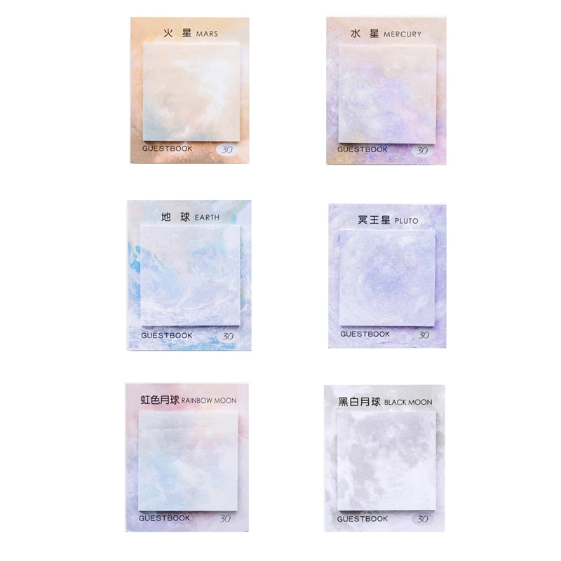 

6 Pcs Planet Painting Sticky Note Set Decorative Rainbow Color Moon Earth Memo Guestbook Stationery Office School Supplies