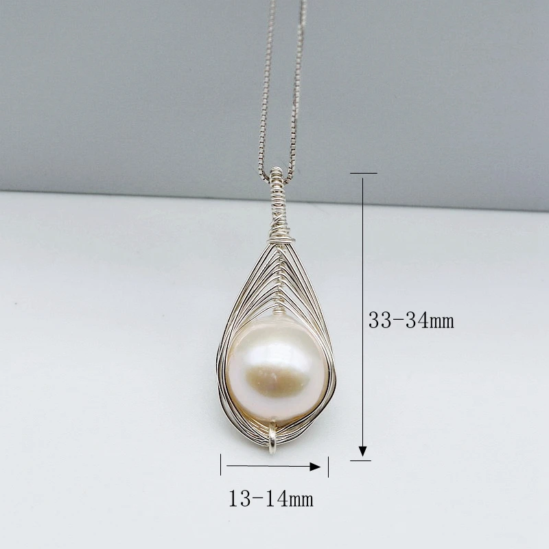 Ladies Pendant Necklace Natural Round White Freshwater Pearl Silver Pendant Hand Braided Water Drop Pendant Silver Necklace