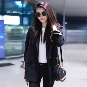 

2019 Women's Jacket Spring Summer Solid Color Jackets Lapel Long Sleeves Plus Size Casual Double-breasted Slim Warm Coat