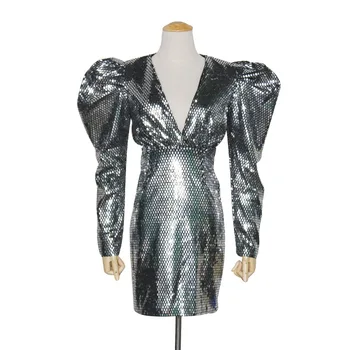 

New Puff Long Sleeve Dresses Winter Elegant Sliver Dress Women Solid Deep V Neck Bodycon New Year Dress Club Vestidos BKZ-53