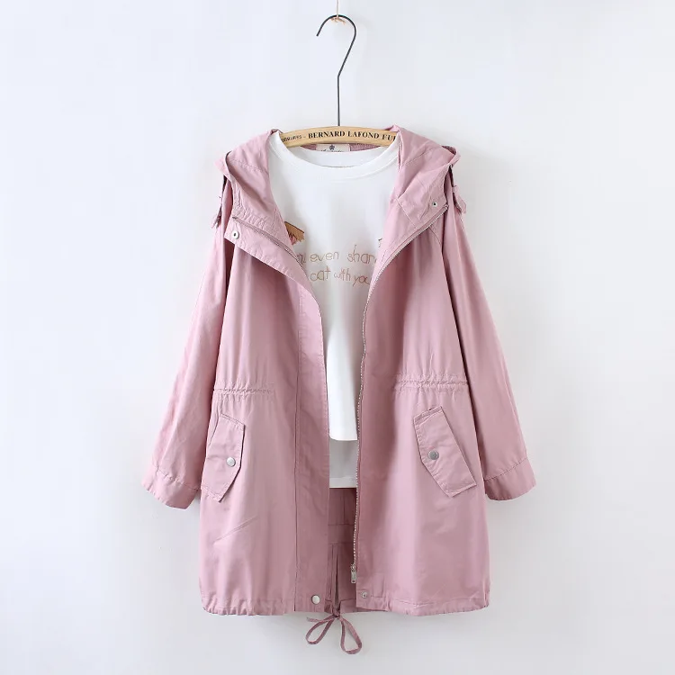 

2017 Spring Clothing New Style Fresh Literature And Art Simple Versatile Solid Color Mid-length Hooded Trench Coat WOMEN'S Dress