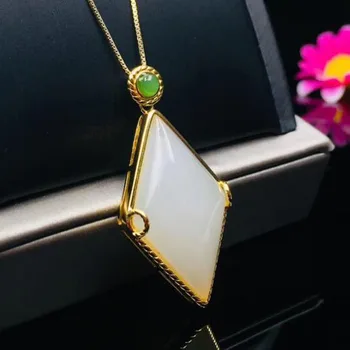 

925 Silver Natural Hetian White Jade Rhombus Silver Inlaid With Jade Lucky Amulet Pendant For Women Men Fine Jewel