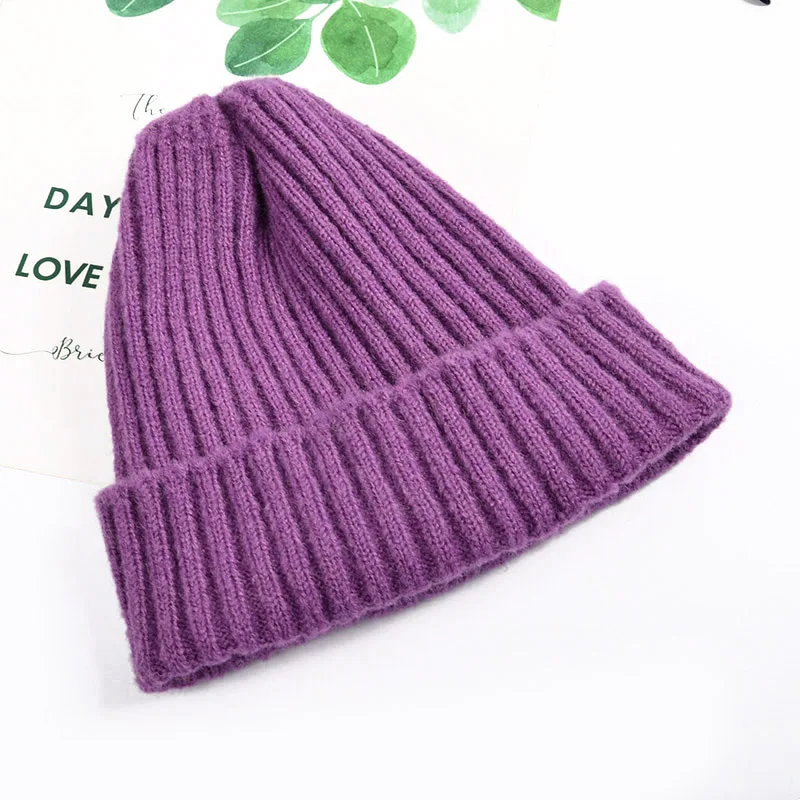 light purple Женская шапка, зимняя теплая вязаная шапка, одноцветная вязаная шапка для девушек, модная женская шапка - Цвет: light purple