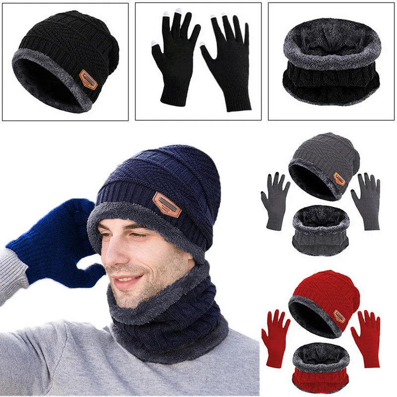 Unisex Beanies Hat Ring Scarf Gloves Set Winter Knitted Thick Warm  Women Men Solid Retro Beanie Hat Soft Touch Screen Gloves