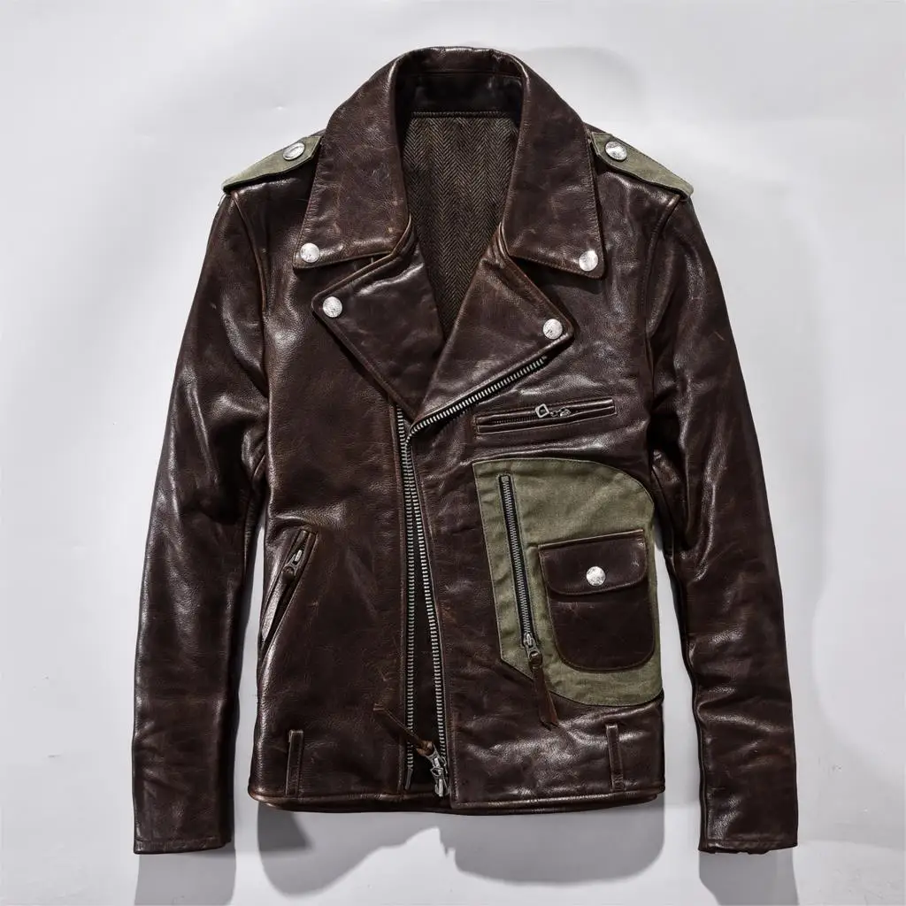

2020 men's vintage genuine rivet Diagonal zipper slim fit ltaly leather coat men patchwork moto biker jacket male