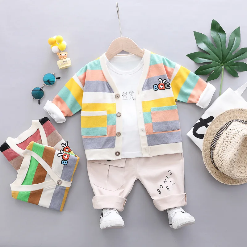 

Spring Cartoon Multi-color Stripe Button Cardigan CHILDREN'S Three-piece Suit Childrenswear Men's Spring Clothing Casual Sports
