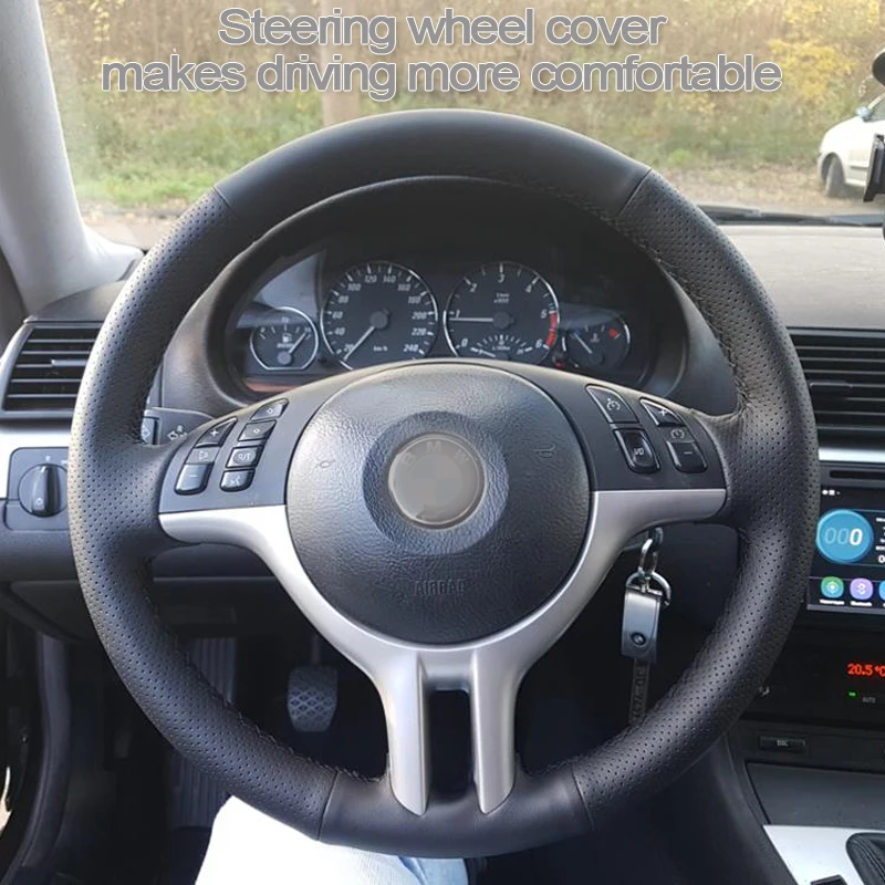 CARDAK BMW E46 325i X5 E53 E39 용 핸드 스티치 블랙 인조 가죽 자동차 핸들 커버