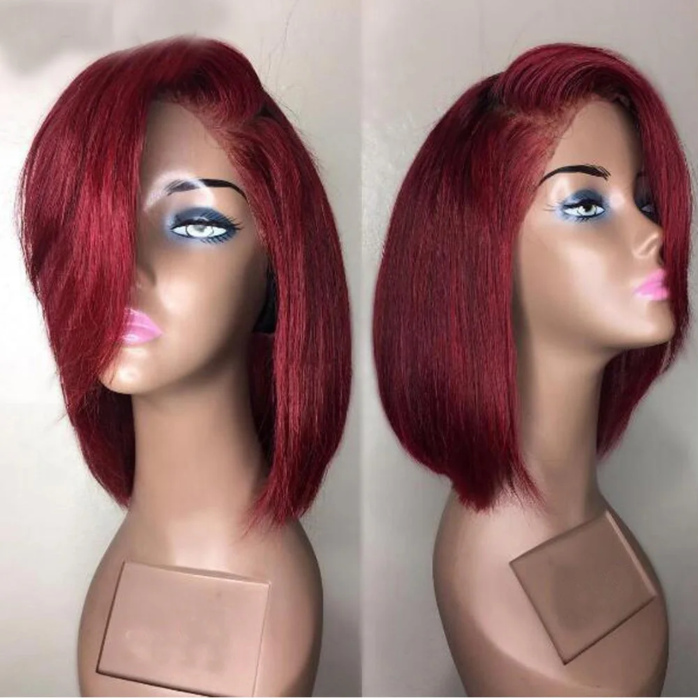 

Eversilky Deep part 99J Red Burgundy Human Hair Straight Short Cut Bob 13X4 Lace Front Wig Peruvian Remy Pre Plucked For Women