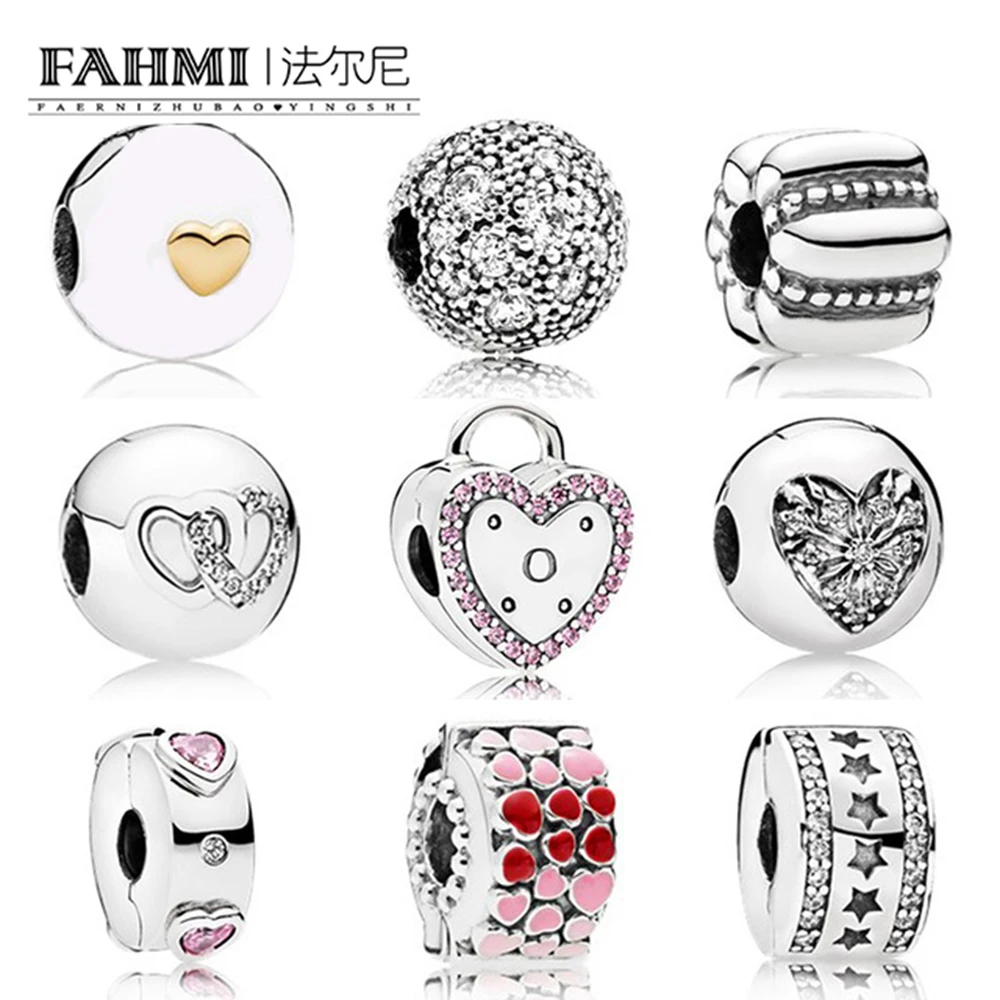 

FAHMI 100% Sterling Silver Security Clip Heart-Shaped New Valentine's Day Series Zircon Charm DIY Bracelet Gift Jewelry