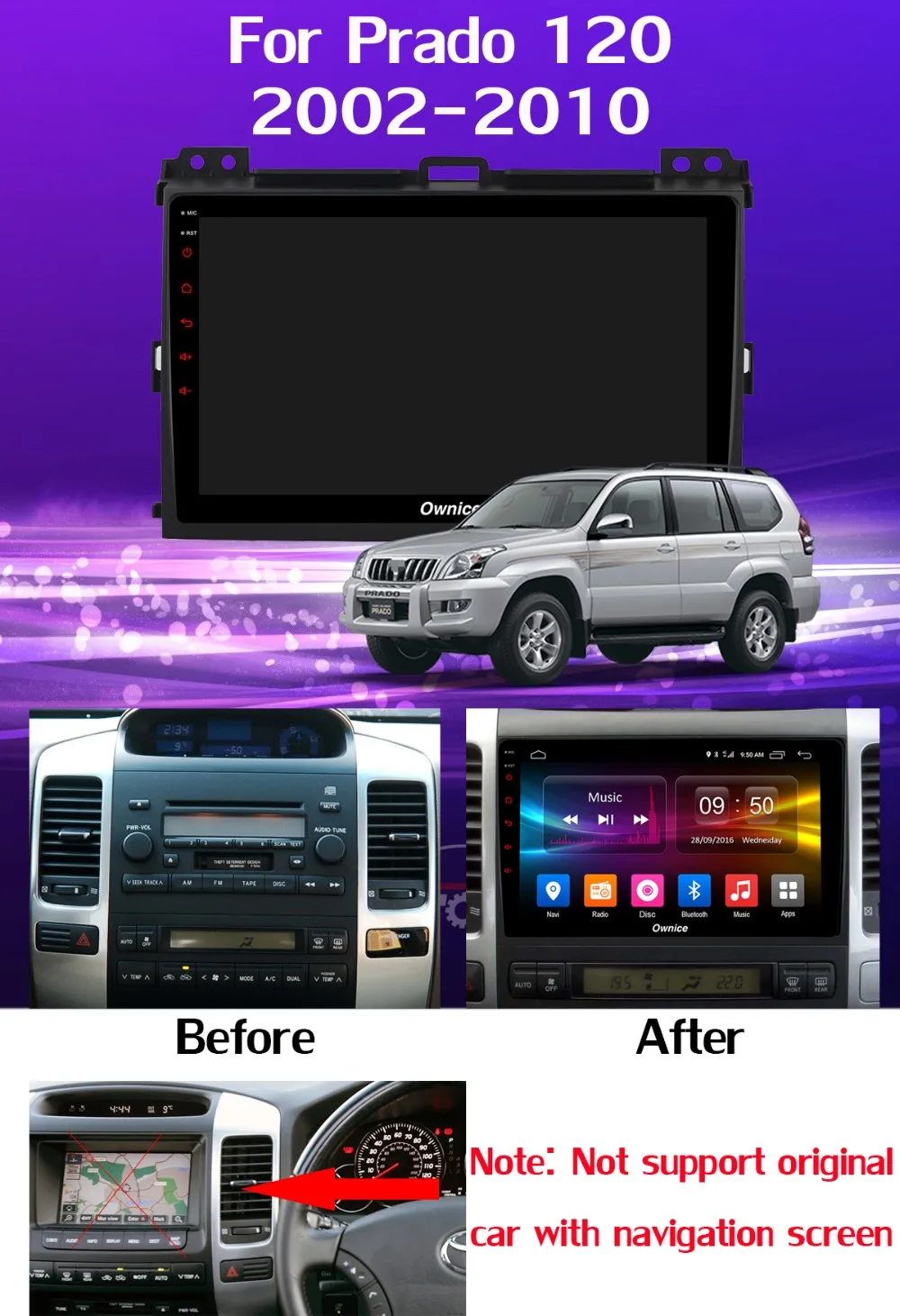 Discount 360°Panoramic Android 9.0 4G+64G SPDIF DSP CarPlay Car Multimedia GPS Radio Player for Toyota LAND CRUISER Prado 120 2003-2009 7