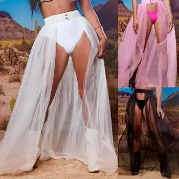 

Women See Through Skirts Solid Casual Skirts Long Maxi Skirt Elastic Waist Evening Cocktail Beach