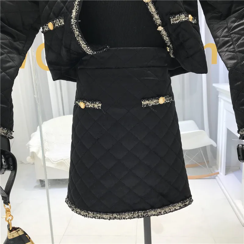 ALPHALMODA, зимняя женская куртка, юбка, 2 шт., модный костюм, в сетку, с подкладкой, короткая верхняя одежда, пальто+ трапециевидная юбка, Модный комплект