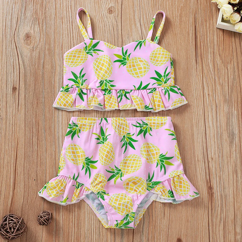 

Summer princess swimsuit for baby Ruffle Vest Sling Frill Swimsuit + Shorts Outfits Pineapple Print Swimwear Outfits L1209