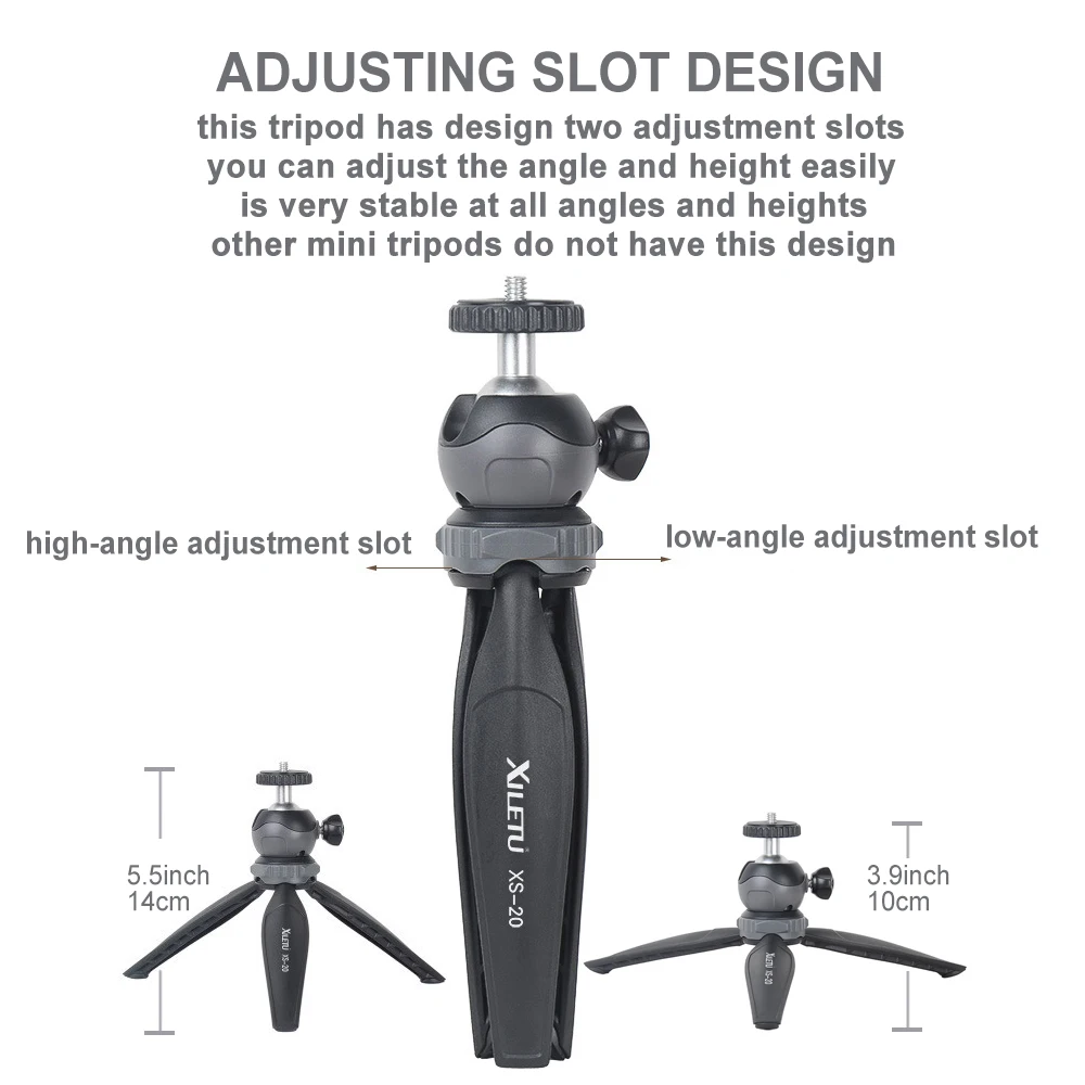  XILETU XS20 Mini Tabletop Tripod Desktop Phone Holder Stand with Clip and Ball Head for iPhone Cell