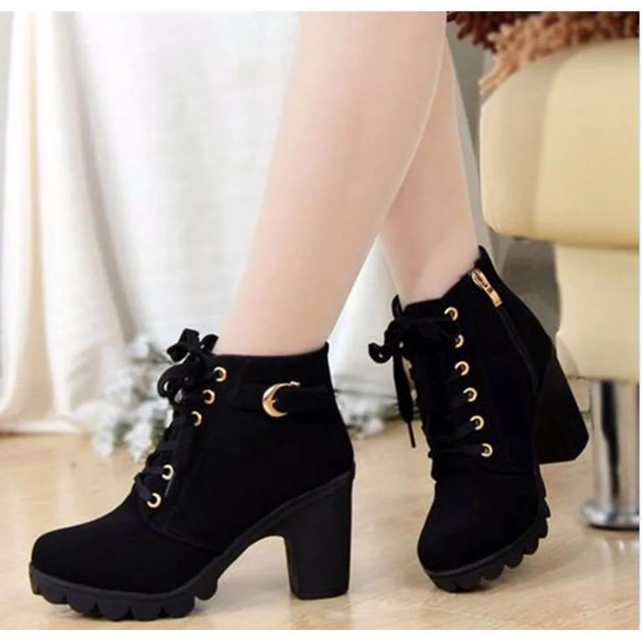 Botas de tacón alto para mujer, zapatos de tacón grueso con plataforma y  hebilla de cuero PU, con cordones, Otoño e Invierno|Botas hasta el tobillo|  - AliExpress