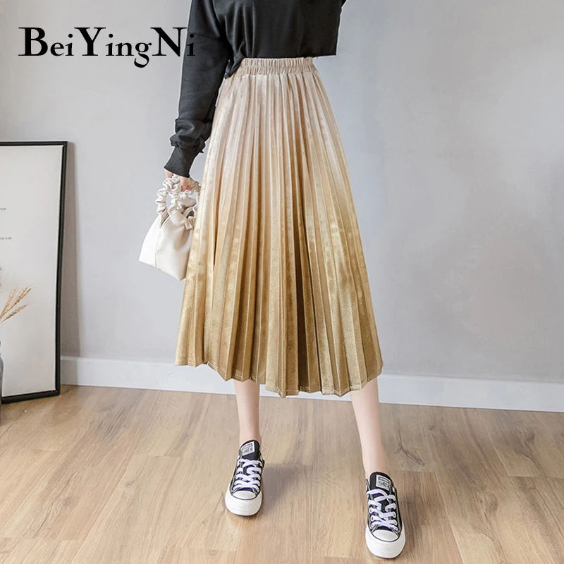 

Beiyingni Gradient Color Gold Velvet Skirt for Woman High Elastic Waist Pleated Midi Skirts Autumn Fashion Casual Vintage Skirt