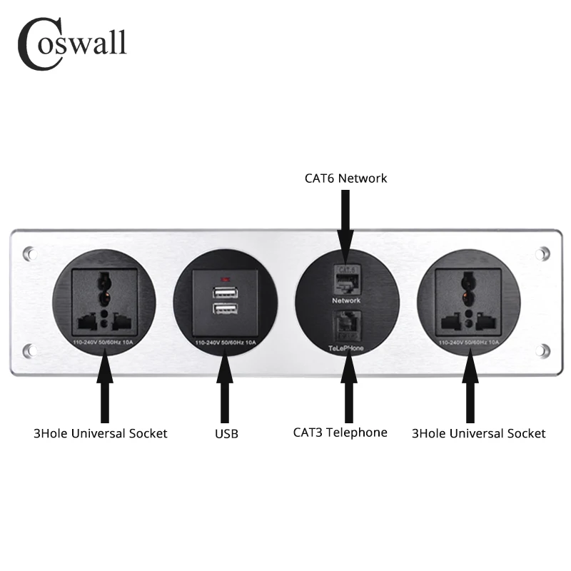 COSWALL металлический корпус 2 универсальная розетка для ЕС, Великобритании, США, чили+ двойной usb порт для зарядки+ CAT3 телефон с CAT6 Интернет настольная розетка