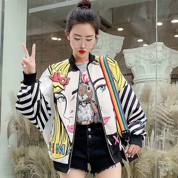 

European station 2020 spring new wide loose shirt coat female large size was thin cartoon printed bf baseball uniform