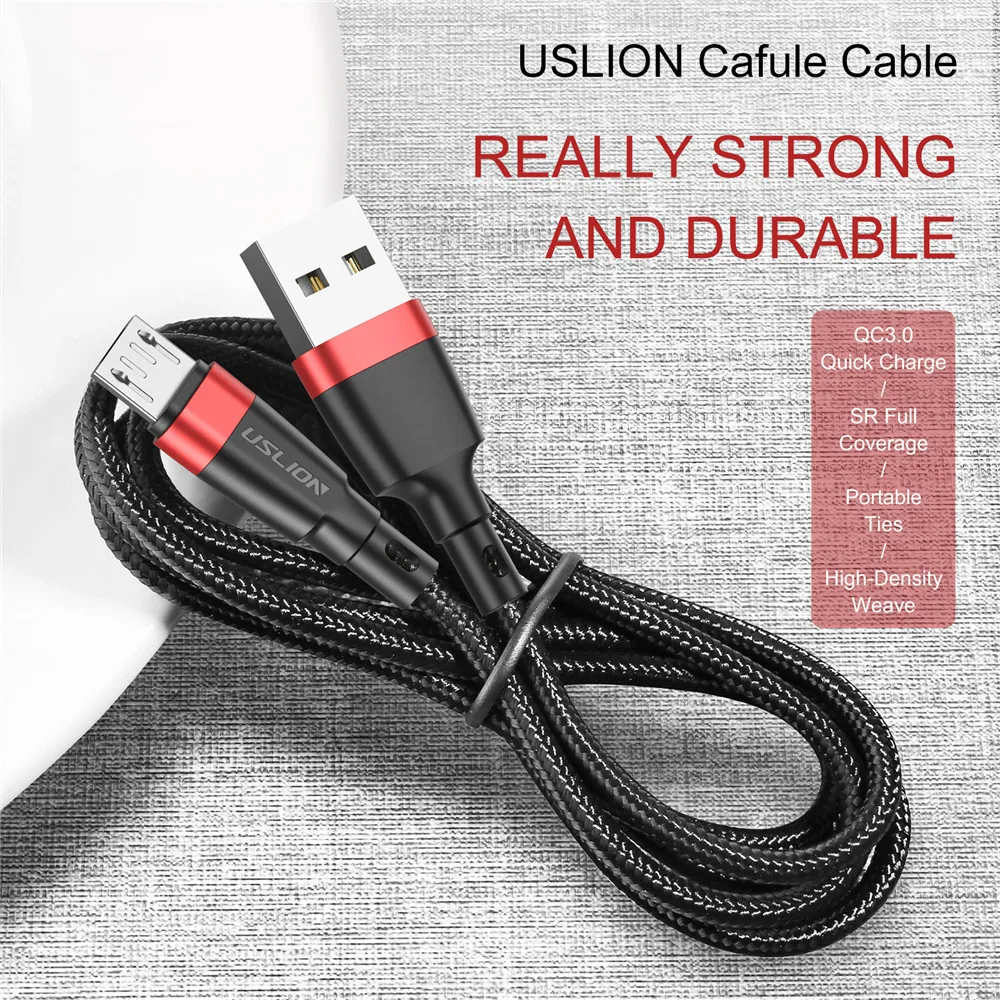 USLION Micro USB кабел Кабел за бързо зареждане за Xiaomi redmi note 5 Micro USB кабел за данни Зарядно устройство Quick Charge 3.0 кабел Черен Сив