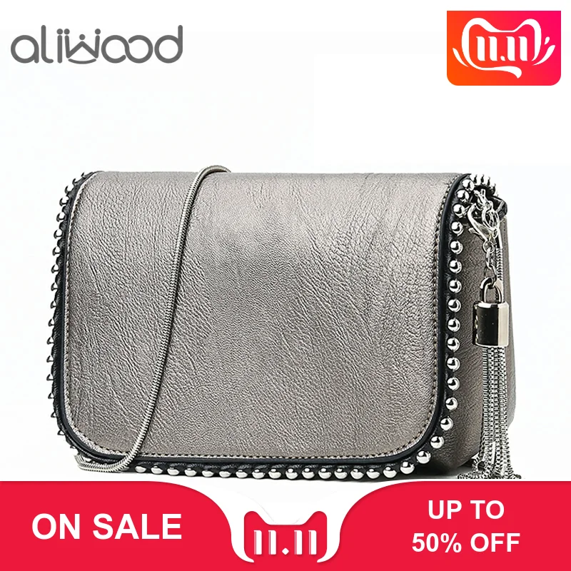 

aliwood 2019 New Arrivals Women bags Chain Shoulder Bag With Metal tassel Simple Rivet Messenger Bag Brands Female Crossbody Bag