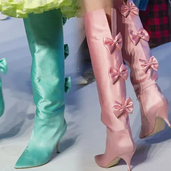 

Fashion Pointed Toe Knee-High Boots Bowknot Decorated Personalized Catwalk Boots Autumn Slip-On PU Women Boots Zapatillas Mujer