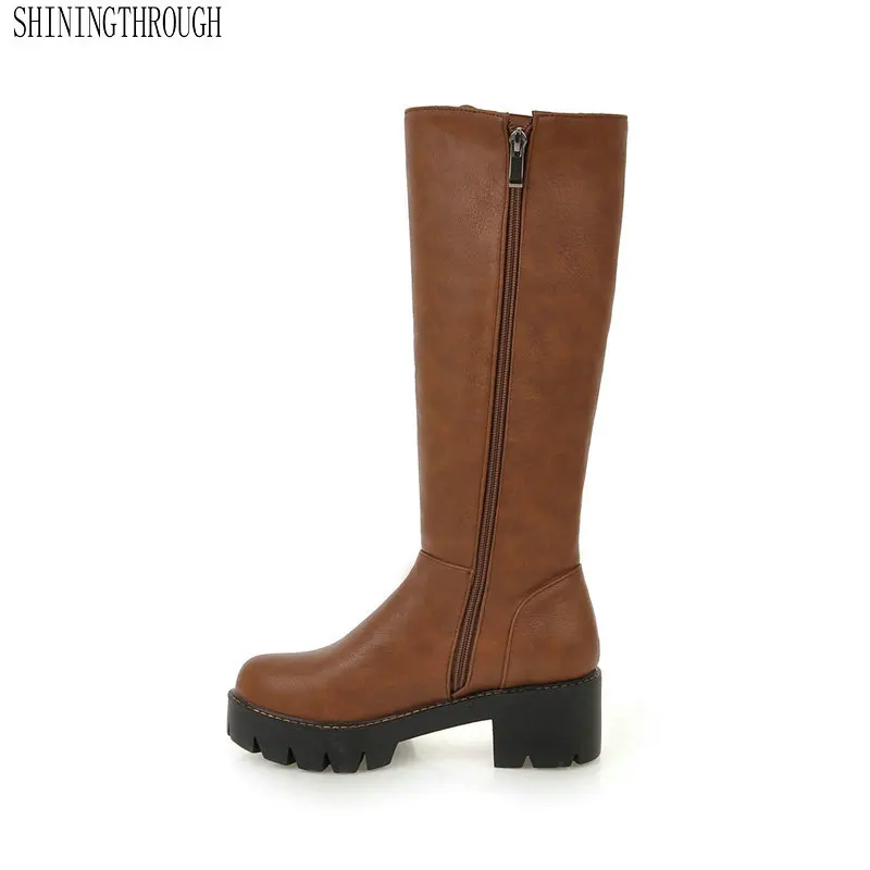 

2020 New Autumn Winter Square Middle Heel All Match Knee High Boots PU Leather Round Toe Zipper Women Shoes Big Size 34-43