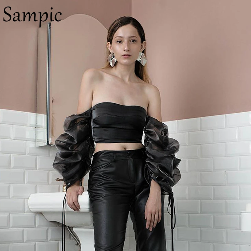 

Sampic women casual off shoulder bandage puff sleeves blouses tops slash neck elegant backless blouse summer autumn