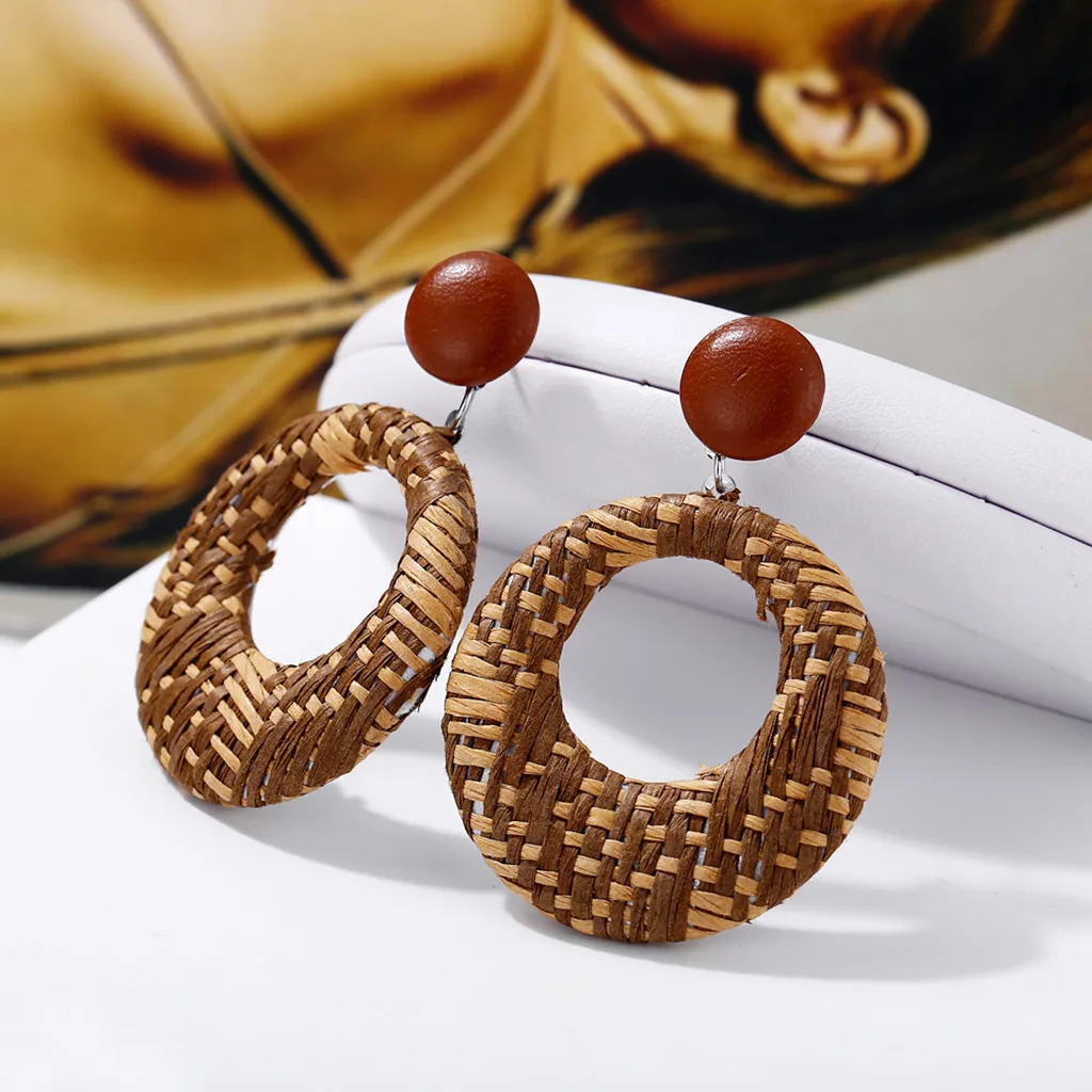 Женские серьги-подвески из ротанга, геометрические круглые деревянные полые круглые серьги для женщин в богемном стиле, женские серьги d oreille femme