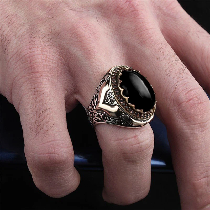 Retro Handmade Turkish Signet Rings For Men Ancient Silver Color Carved Eagle Ring Mystic Zircon Inlay New Punk Motor Biker Ring