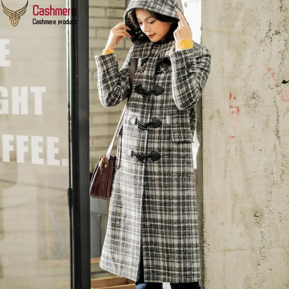 Women's coat hooded wool coat women's mid length horn buckle plaid woolen coat women autumn winter college style jacket women