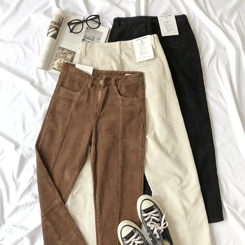 Mooirue Autumn Women Corduroy Ankle Pants Thick Solid Comfortable Lining High Waist All-match Thin Pants