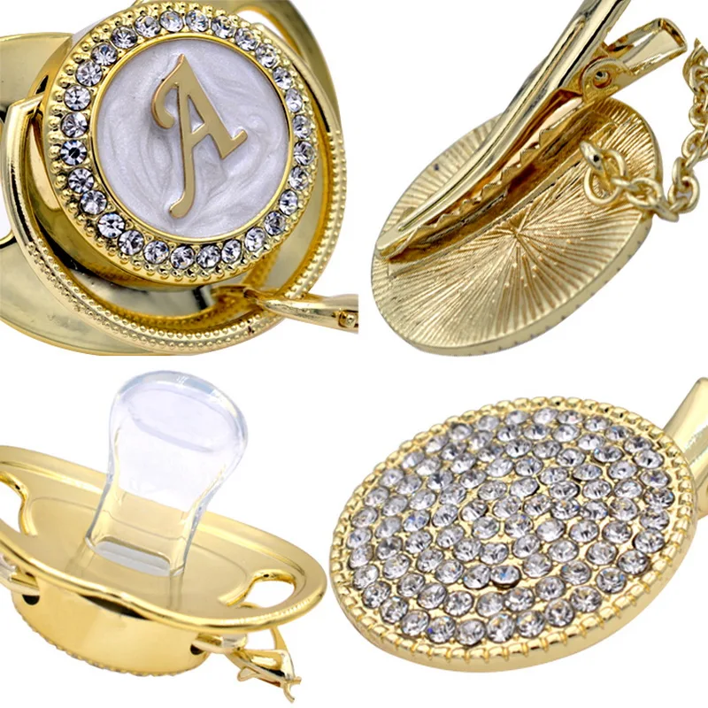 Pacifier Beads And Clips Gold Pacifier Holder BPA Free Silicone Infant Nipple Gold Bling Newborn Dummy Soother Chupete 2