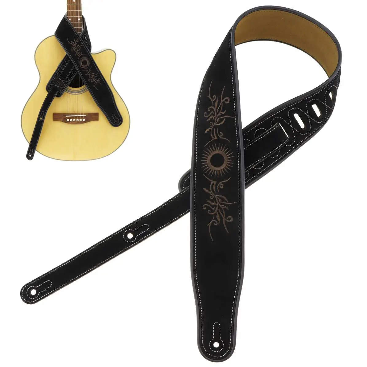 

Genuine Leather Cow Suede Guitar Strap Flower Pattern Embroidery 7cm with Antifriction Design for Acoustic Electric Bass Guitar