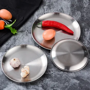 

5PCS Korean Style 201 Stainless Steel Thickened Plate 14-26CM Dinner Plate Fruit Plate