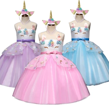 

Fantasy Unicorn Dress Fo Girl Children's Princess Gown Kids Christmas Costume Birthday Party Infant Tutu Child Clothes+Headband