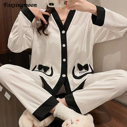 Womens Cotton Pajamas Suit Sweet cute Spring Autumn Long Sleeve Sleepwear Underwear Plus Size Home Clothes 2-piece Loungewear