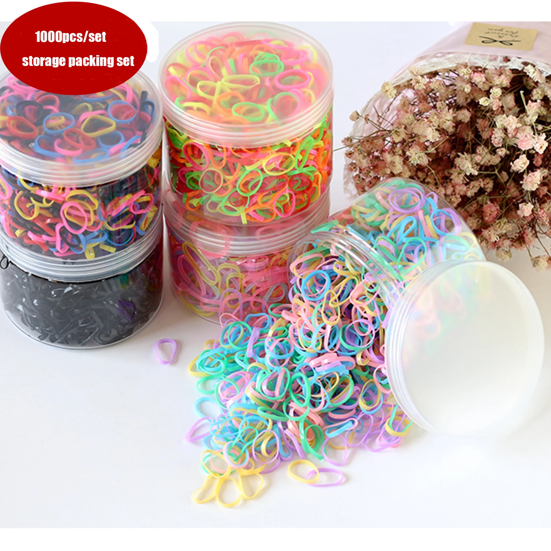 

1000pcs/set Storage Box Packing Disposable Elastic Hair Bands Rubber Hair Tie Ponytail Holder Material TPU Girl Hair Accessories