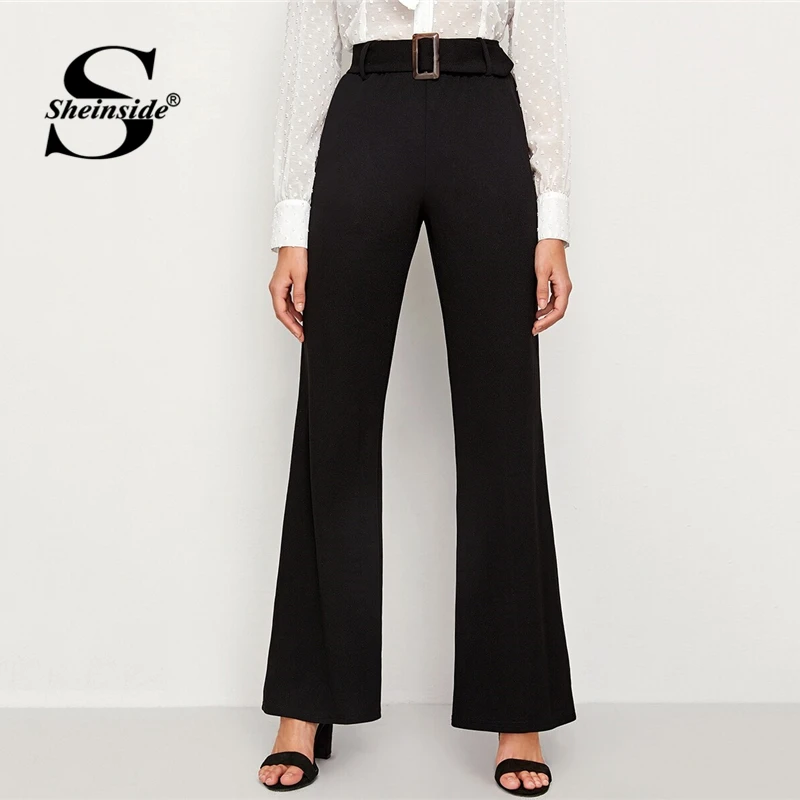 

Sheinside Black Elegant High Waist Straight Leg Pants Women 2019 Autumn Elastic Waist Trousers Ladies Solid Belted Pants