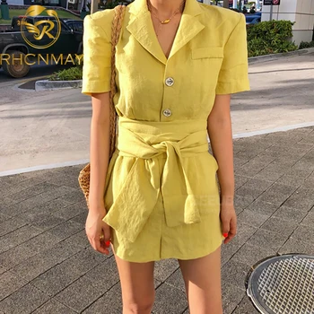 

2020 Summer Casual Short Sleeve Bandage Rompers Women Solid Color Turn Down Collar Loose Jumpsuits Buttons Short Overalls