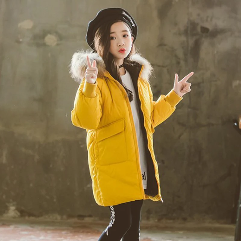 Winter Down Cotton Jackets For Girl Fashion Children Clothing Kids Clothes Warm Thick Parka Fur Collar Hooded Long Coats