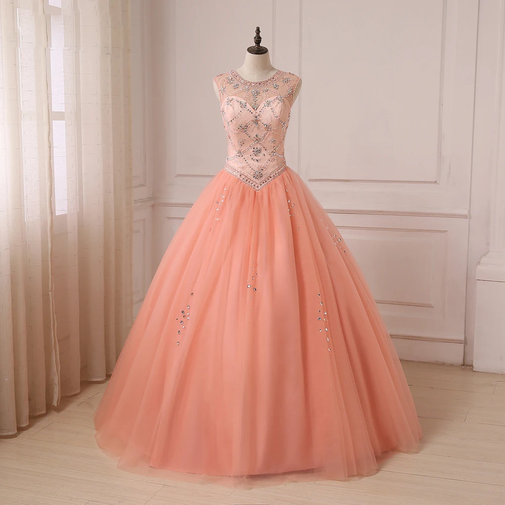 Quinceanera Dress Coral Scoop Sheer Neck Sleeveless Beaded Rhinestones Ball Gown Sweet 15 Dresses Tulle Party Gowns