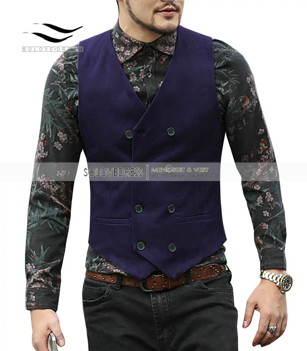 Dark Purple Мужской жилет замшевый костюмный жилет Повседневный двубортный жилет с v-образным вырезом Классическая/винтажная/джинсовая куртка Женихи мужские коричневые - Цвет: Dark Purple