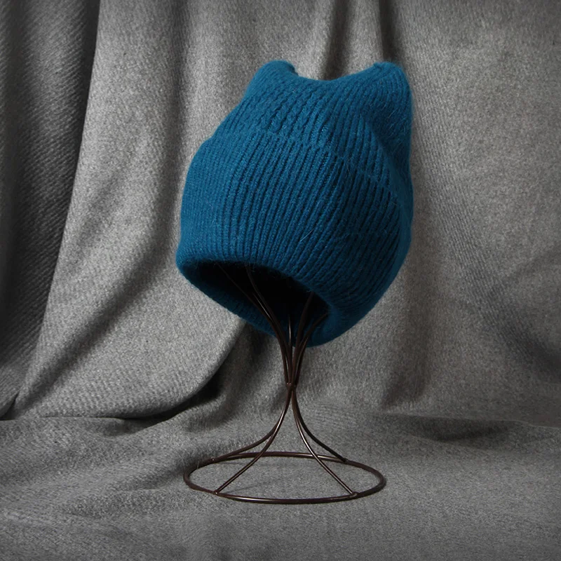 VISROVER 17 Colorway Unisex Solid Cat Shape Rabbit Fur Woman Winter Hat Soft Autumn Bonnet Cute Cat Ear Woman Warm Skullies Gift 
