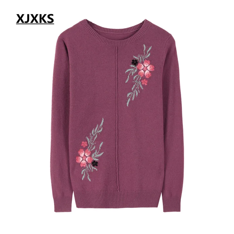 XJXKS Осень Зима Свободный Плюс Размер женский свитер с принтом высокое качество чистый шерстяной вязаный свитер женский пуловер