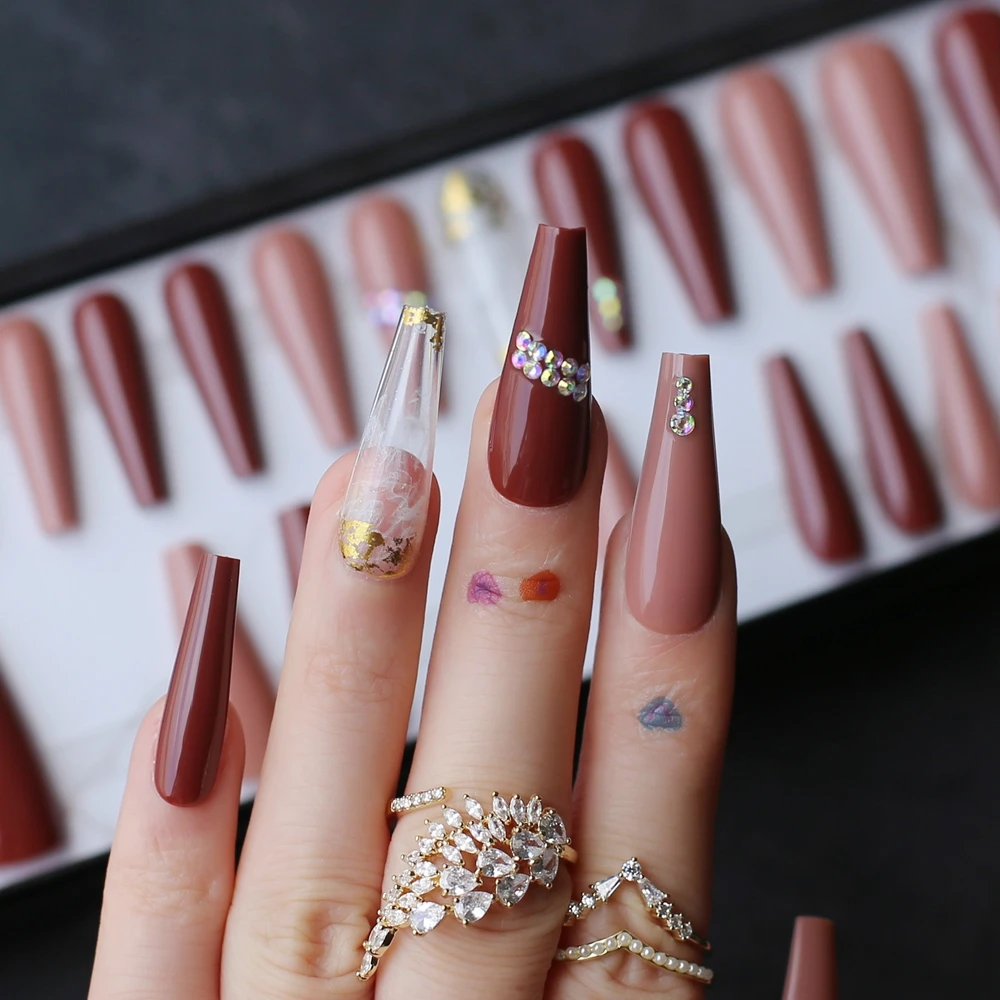 Long Coffin Fake Nails Matte Brown Press On Nails With Cow Print Design  Ballerina Full Cover Artificial Nails For Women 24pcs | Fruugo NO