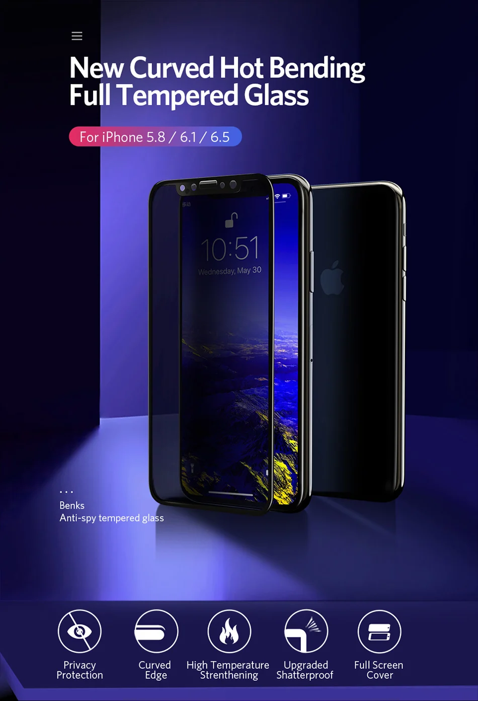 Benks Anti Spy Tempered Glass For iPhone XS 5.8'' XS MAX 6.5'' Full Protection Cover For XR 6.1 Screen Protector Anti Glare Front Film (1)