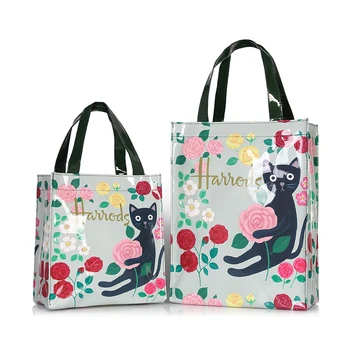 London Style PVC Reusable Shopping Bag Women's Bag Eco Friendly Flower Shopper Bag Waterproof Handbag Lunch Tote Shoulder Bag